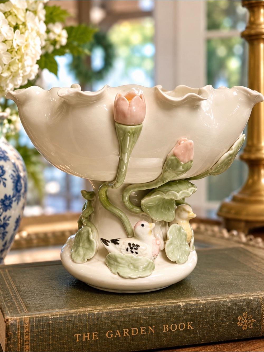 Vintage Porcelain Lotus Bowl Ducks Lily Pads Chinoiserie Decor